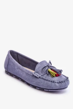 Loafersy Damskie|Mokasyny Damskie Zamszowe>Boto Zamszowe Mokasyny Z Kokardą I Frędzlami e Dorine Niebieski