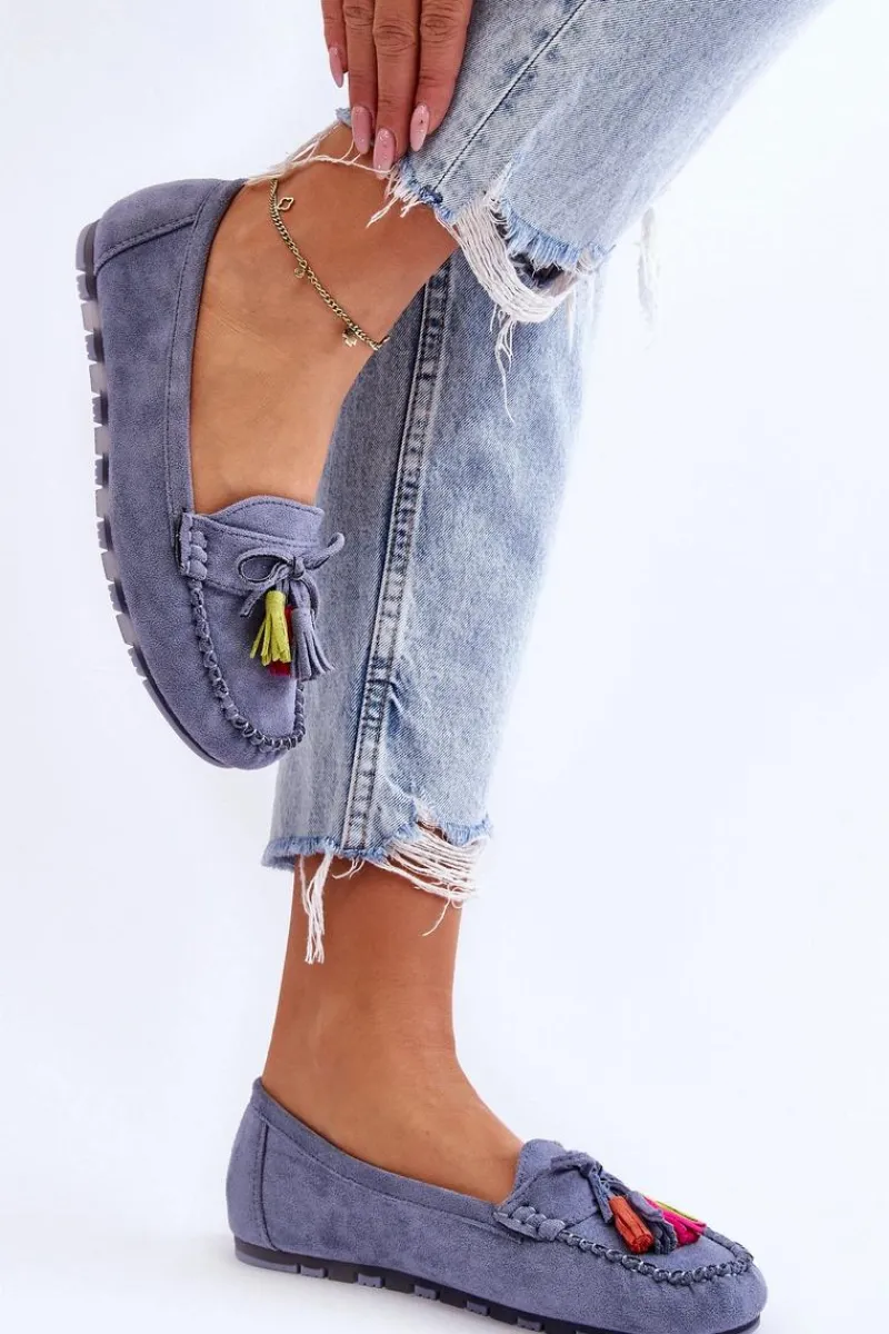 Loafersy Damskie|Mokasyny Damskie Zamszowe>Boto Zamszowe Mokasyny Z Kokardą I Frędzlami e Dorine Niebieski