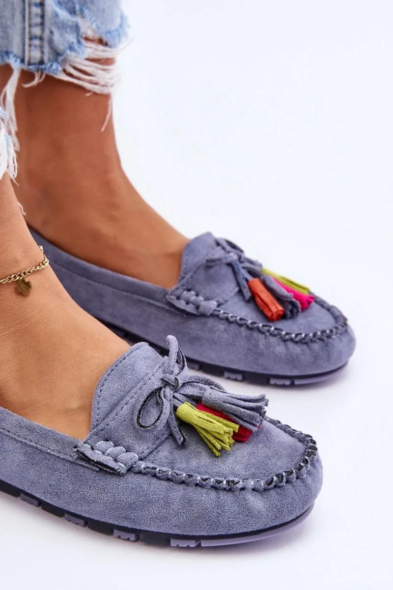 Loafersy Damskie|Mokasyny Damskie Zamszowe>Boto Zamszowe Mokasyny Z Kokardą I Frędzlami e Dorine Niebieski
