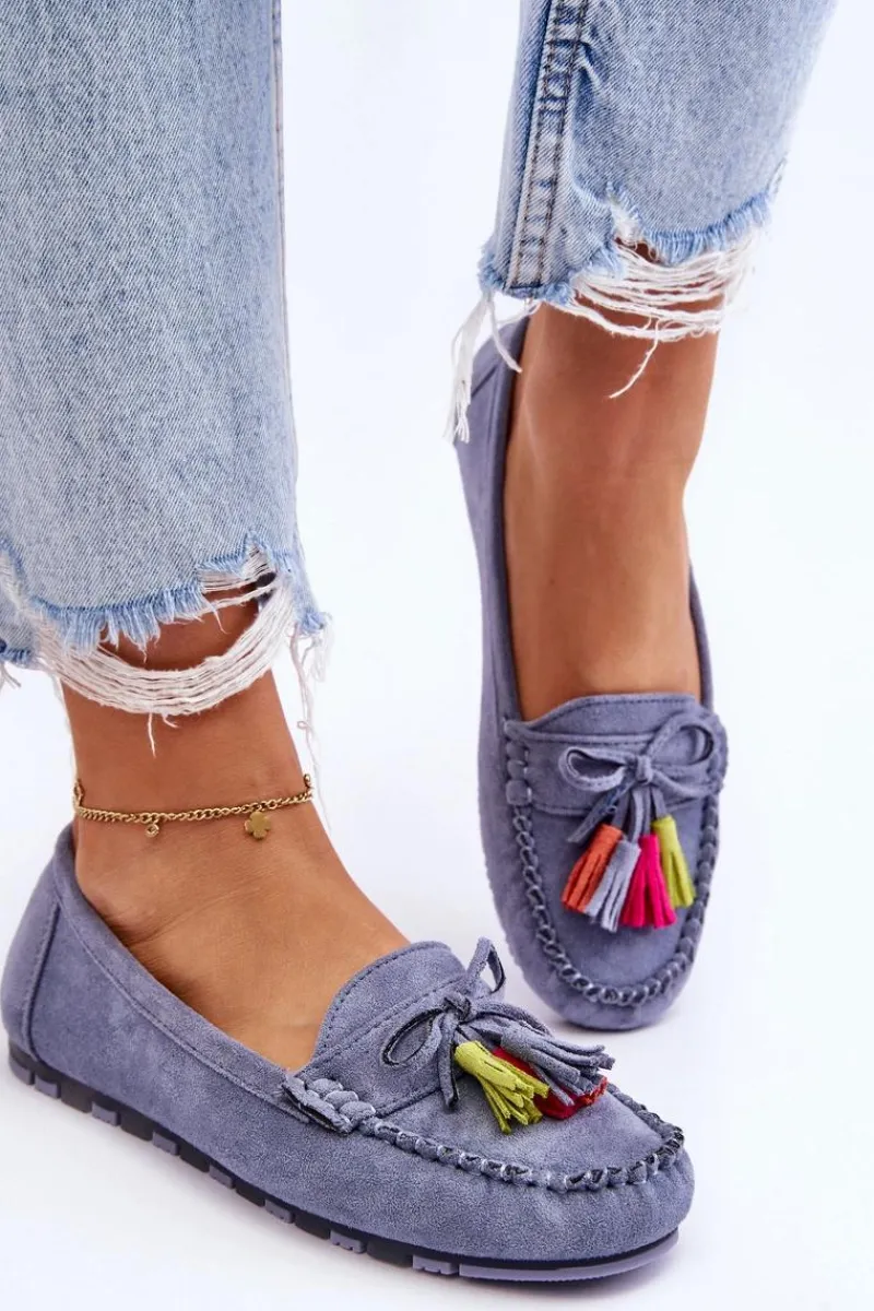Loafersy Damskie|Mokasyny Damskie Zamszowe>Boto Zamszowe Mokasyny Z Kokardą I Frędzlami e Dorine Niebieski