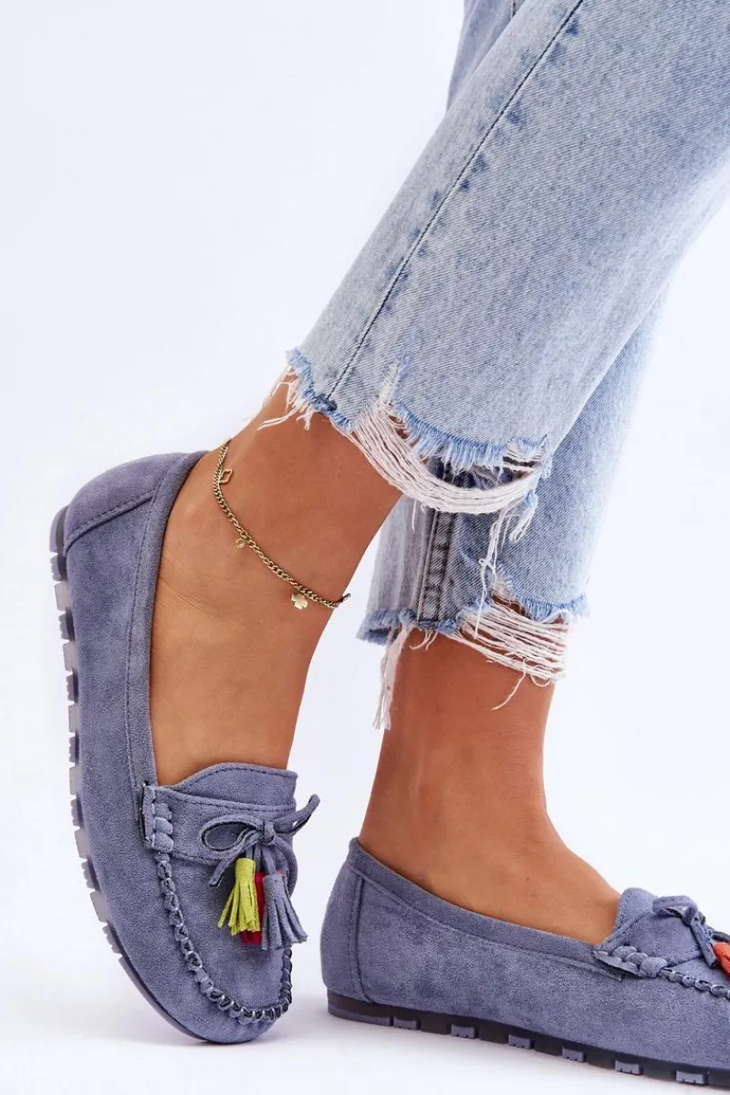 Loafersy Damskie|Mokasyny Damskie Zamszowe>Boto Zamszowe Mokasyny Z Kokardą I Frędzlami e Dorine Niebieski