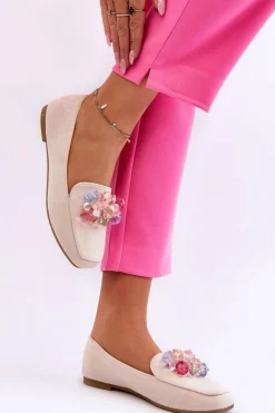 Outlet Zamszowe Mokasyny Z Ozdobnymi Kryształami Beżowe Arvilla Damskie Mokasyny Damskie Zamszowe