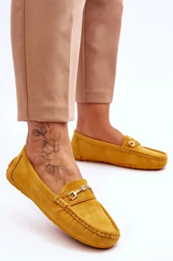 Zamszowe Mokasyny Z Ozdobą Żółte Eleina Damskie Mokasyny Damskie Zamszowe