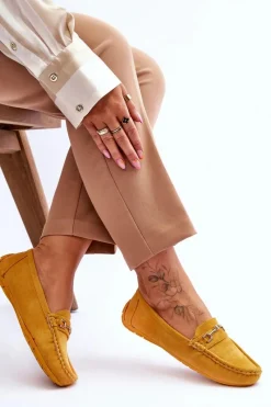 Zamszowe Mokasyny Z Ozdobą Żółte Eleina Damskie Mokasyny Damskie Zamszowe