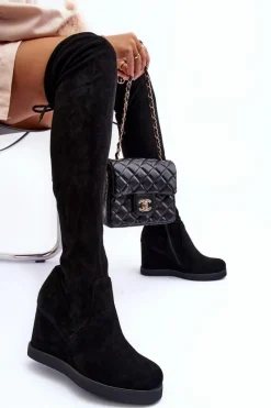 Sale Boto Zamszowe Muszkieterki Kozaki Na Koturnie Czarne Mephal