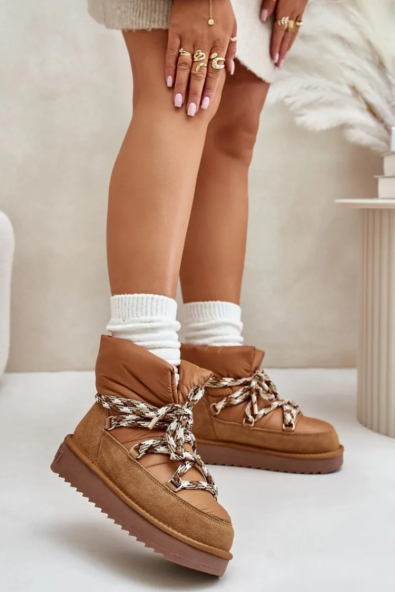 Śniegowce Damskie>D.Franklin Zamszowe Śniegowce Damskie Z Grubym Sznurowaniem DFSH375003 Brązowe Brązowy