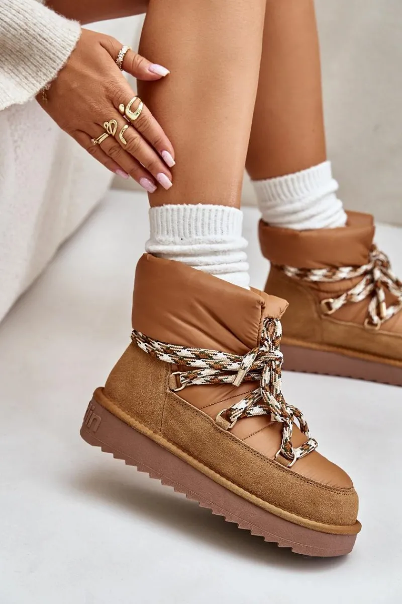 Śniegowce Damskie>D.Franklin Zamszowe Śniegowce Damskie Z Grubym Sznurowaniem DFSH375003 Brązowe Brązowy