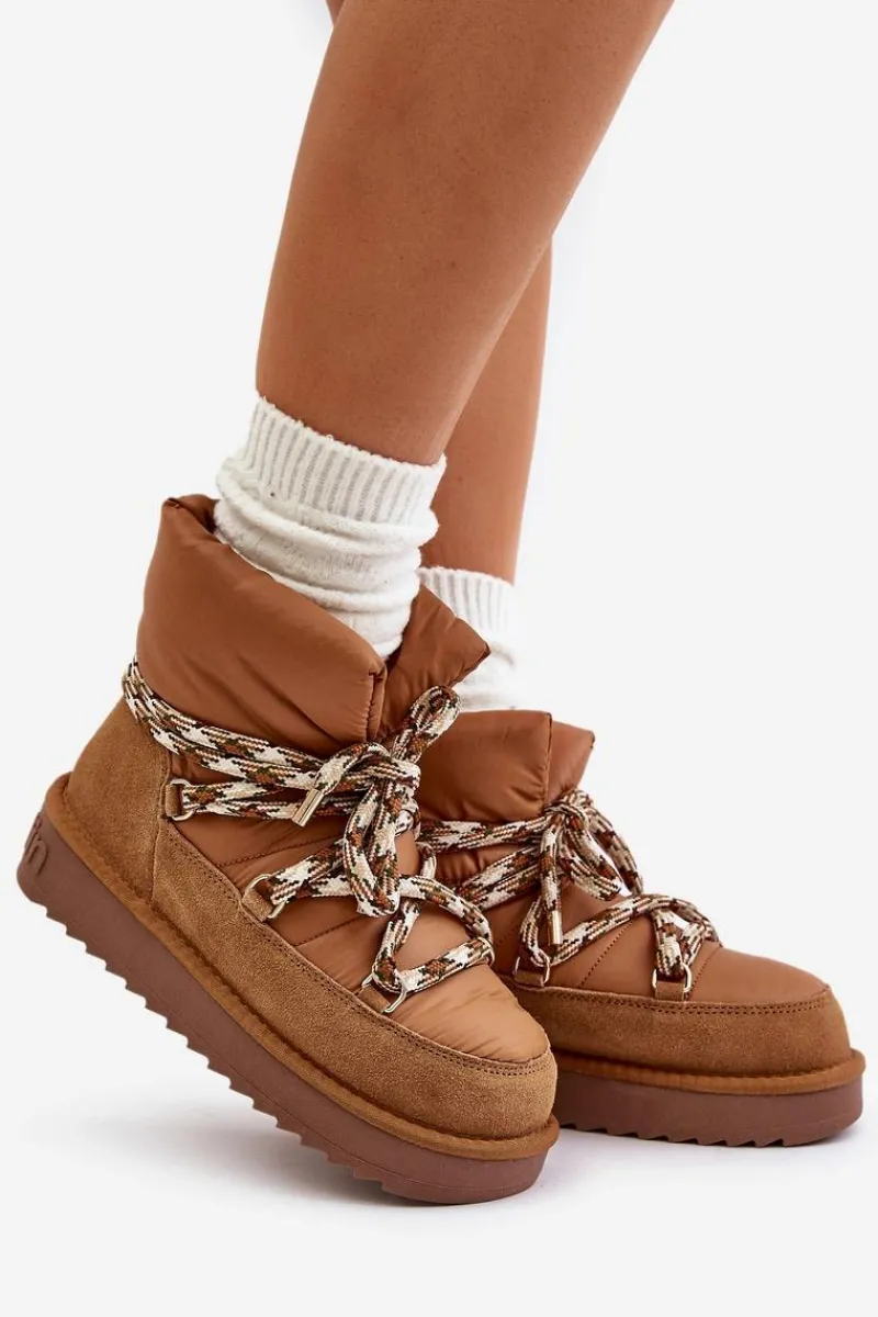 Śniegowce Damskie>D.Franklin Zamszowe Śniegowce Damskie Z Grubym Sznurowaniem DFSH375003 Brązowe Brązowy