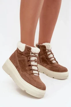 Outlet Zamszowe Śniegowce Damskie Z Kożuszkiem Na Platformie Vinceza 95354 Camel Damskie Śniegowce Damskie