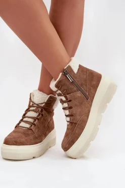 Outlet Zamszowe Śniegowce Damskie Z Kożuszkiem Na Platformie Vinceza 95354 Camel Damskie Śniegowce Damskie