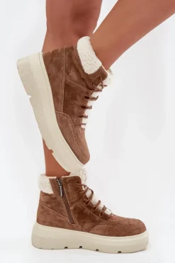 Outlet Zamszowe Śniegowce Damskie Z Kożuszkiem Na Platformie Vinceza 95354 Camel Damskie Śniegowce Damskie