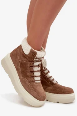 Outlet Zamszowe Śniegowce Damskie Z Kożuszkiem Na Platformie Vinceza 95354 Camel Damskie Śniegowce Damskie