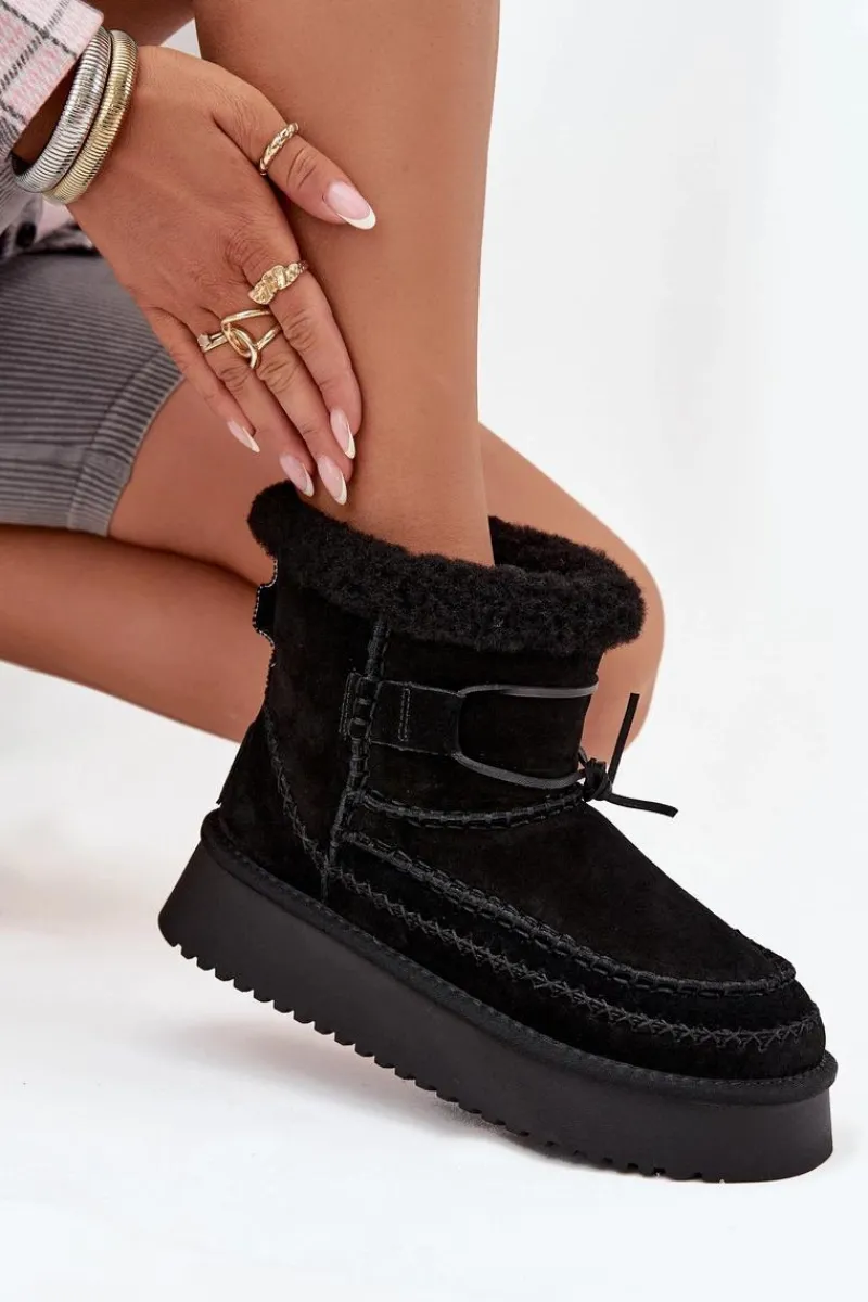 Outlet Big Star Shoes Zamszowe Śniegowce Damskie Z Ozdobnymi Przeszyciami Big Star SS274372 Czarne Czarny