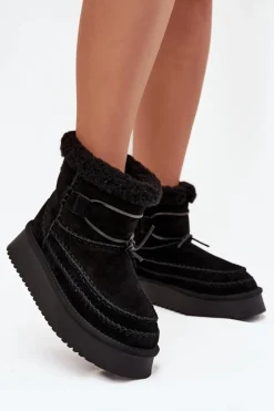 Outlet Big Star Shoes Zamszowe Śniegowce Damskie Z Ozdobnymi Przeszyciami Big Star SS274372 Czarne Czarny