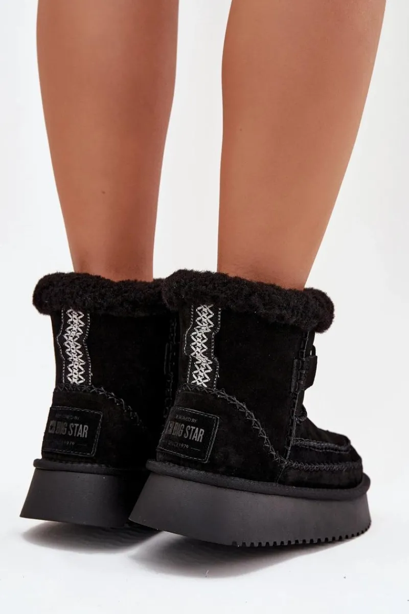 Outlet Big Star Shoes Zamszowe Śniegowce Damskie Z Ozdobnymi Przeszyciami Big Star SS274372 Czarne Czarny