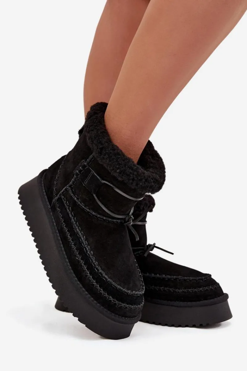 Outlet Big Star Shoes Zamszowe Śniegowce Damskie Z Ozdobnymi Przeszyciami Big Star SS274372 Czarne Czarny