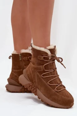 Śniegowce Damskie>Big Star Shoes Zamszowe Śniegowce Damskie Z Futerkiem Big Star SS274318 Brązowe Brązowy