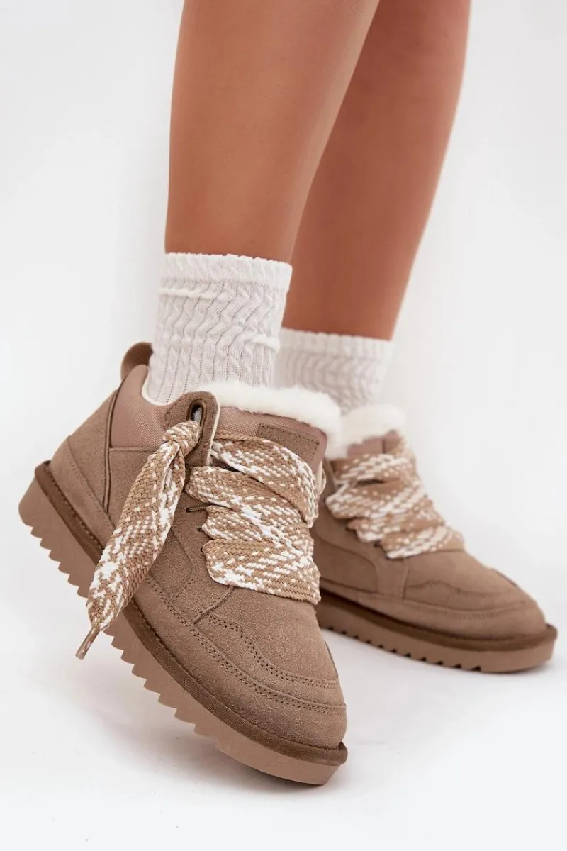 Śniegowce Damskie>Buty damskie Vinceza Zamszowe Śniegowce Damskie Z Futerkiem I Grubym Sznurowaniem Vinceza 97963 Beżowe