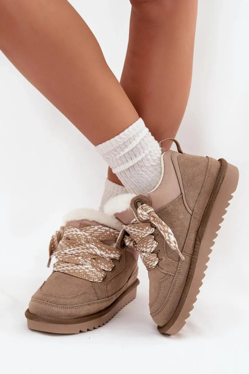 Śniegowce Damskie>Buty damskie Vinceza Zamszowe Śniegowce Damskie Z Futerkiem I Grubym Sznurowaniem Vinceza 97963 Beżowe