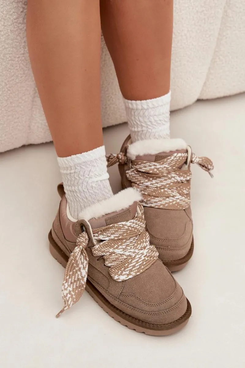 Śniegowce Damskie>Buty damskie Vinceza Zamszowe Śniegowce Damskie Z Futerkiem I Grubym Sznurowaniem Vinceza 97963 Beżowe