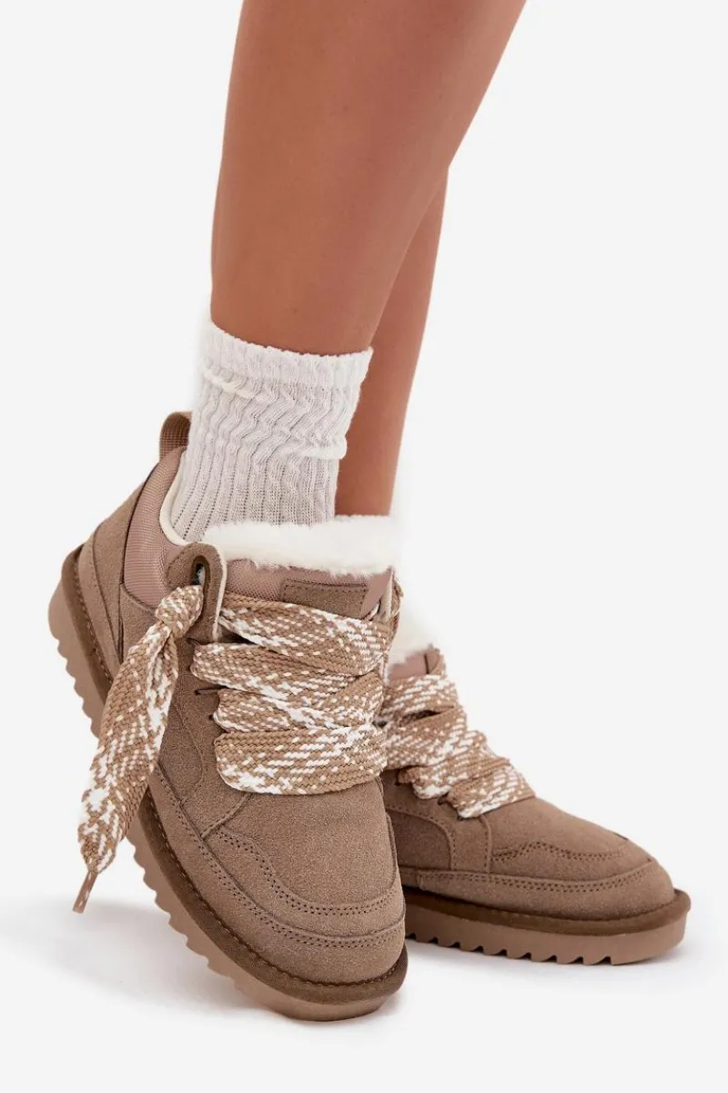 Śniegowce Damskie>Buty damskie Vinceza Zamszowe Śniegowce Damskie Z Futerkiem I Grubym Sznurowaniem Vinceza 97963 Beżowe