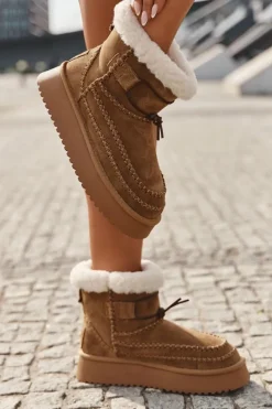 Hot Zamszowe Śniegowce Damskie Z Ozdobnymi Przeszyciami Big Star SS274373 Camel Damskie Śniegowce Damskie