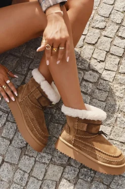 Hot Zamszowe Śniegowce Damskie Z Ozdobnymi Przeszyciami Big Star SS274373 Camel Damskie Śniegowce Damskie