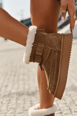 Hot Zamszowe Śniegowce Damskie Z Ozdobnymi Przeszyciami Big Star SS274373 Camel Damskie Śniegowce Damskie