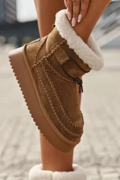 Hot Zamszowe Śniegowce Damskie Z Ozdobnymi Przeszyciami Big Star SS274373 Camel Damskie Śniegowce Damskie