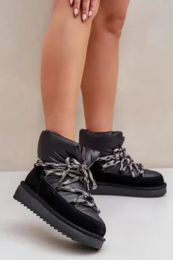 Śniegowce Damskie>D.Franklin Zamszowe Śniegowce Damskie Z Grubym Sznurowaniem DFSH375003 Czarne Czarny