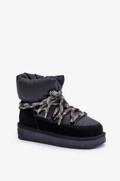 Śniegowce Damskie></noscript>D.Franklin Zamszowe Śniegowce Damskie Z Grubym Sznurowaniem DFSH375003 Czarne Czarny