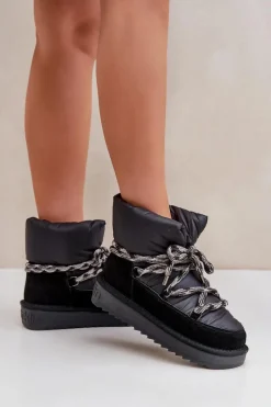 Śniegowce Damskie></noscript>D.Franklin Zamszowe Śniegowce Damskie Z Grubym Sznurowaniem DFSH375003 Czarne Czarny