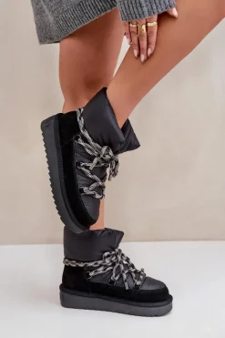 Śniegowce Damskie></noscript>D.Franklin Zamszowe Śniegowce Damskie Z Grubym Sznurowaniem DFSH375003 Czarne Czarny