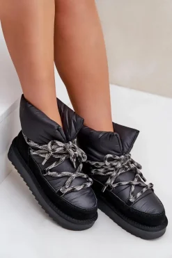 Śniegowce Damskie></noscript>D.Franklin Zamszowe Śniegowce Damskie Z Grubym Sznurowaniem DFSH375003 Czarne Czarny