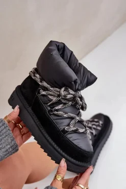 Śniegowce Damskie></noscript>D.Franklin Zamszowe Śniegowce Damskie Z Grubym Sznurowaniem DFSH375003 Czarne Czarny