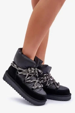 Śniegowce Damskie></noscript>D.Franklin Zamszowe Śniegowce Damskie Z Grubym Sznurowaniem DFSH375003 Czarne Czarny