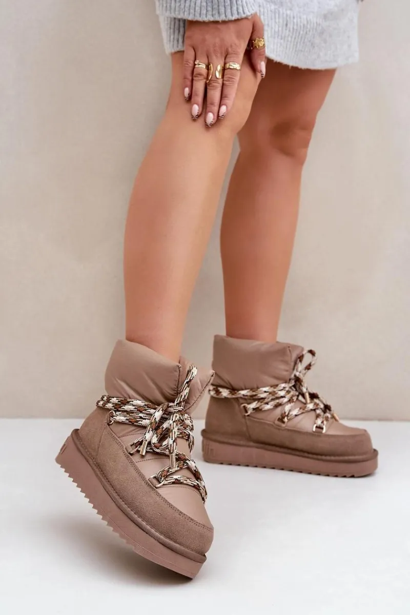 Sale Zamszowe Śniegowce Damskie Z Grubym Sznurowaniem DFSH375003 Taupe Damskie Śniegowce Damskie