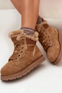 Outlet Big Star Shoes Zamszowe Śniegowce Trapery Damskie Na Platformie Z Futerkiem Big Star SS274370 Camel Brązowy