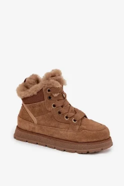 Outlet Big Star Shoes Zamszowe Śniegowce Trapery Damskie Na Platformie Z Futerkiem Big Star SS274370 Camel Brązowy