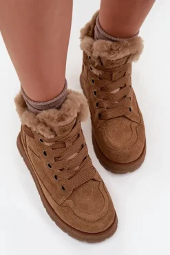 Outlet Big Star Shoes Zamszowe Śniegowce Trapery Damskie Na Platformie Z Futerkiem Big Star SS274370 Camel Brązowy