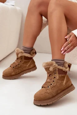 Outlet Big Star Shoes Zamszowe Śniegowce Trapery Damskie Na Platformie Z Futerkiem Big Star SS274370 Camel Brązowy