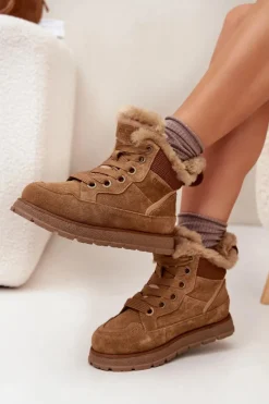 Outlet Big Star Shoes Zamszowe Śniegowce Trapery Damskie Na Platformie Z Futerkiem Big Star SS274370 Camel Brązowy