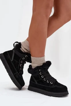 Zamszowe Śniegowce Trapery Damskie Na Platformie Z Futerkiem Big Star SS274369 Czarne Damskie Śniegowce Damskie