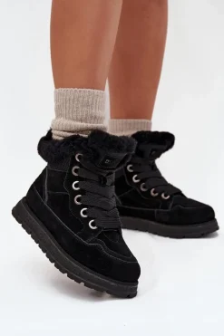Zamszowe Śniegowce Trapery Damskie Na Platformie Z Futerkiem Big Star SS274369 Czarne Damskie Śniegowce Damskie