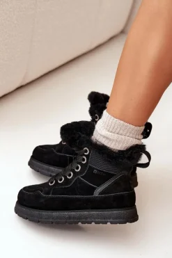 Zamszowe Śniegowce Trapery Damskie Na Platformie Z Futerkiem Big Star SS274369 Czarne Damskie Śniegowce Damskie