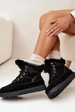 Zamszowe Śniegowce Trapery Damskie Na Platformie Z Futerkiem Big Star SS274369 Czarne Damskie Śniegowce Damskie