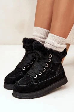 Zamszowe Śniegowce Trapery Damskie Na Platformie Z Futerkiem Big Star SS274369 Czarne Damskie Śniegowce Damskie