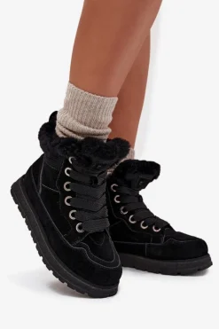 Zamszowe Śniegowce Trapery Damskie Na Platformie Z Futerkiem Big Star SS274369 Czarne Damskie Śniegowce Damskie