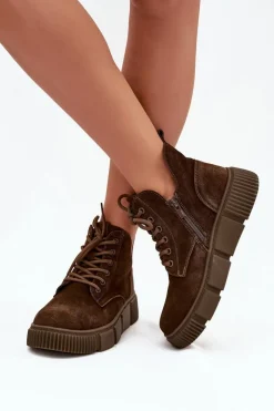 Clearance Zamszowe Niskie Botki Damskie Na Platformie Big Star SS274595 Brązowe Damskie Botki Ocieplane|Damskie Trapery