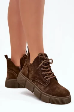 Clearance Zamszowe Niskie Botki Damskie Na Platformie Big Star SS274595 Brązowe Damskie Botki Ocieplane|Damskie Trapery